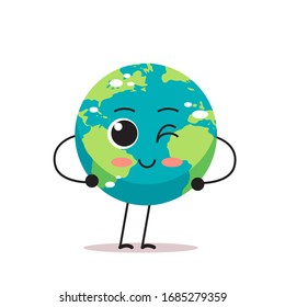 cute earth character blinking cartoon mascot globe personage showing facial emotion save planet concept isolated vector illustration