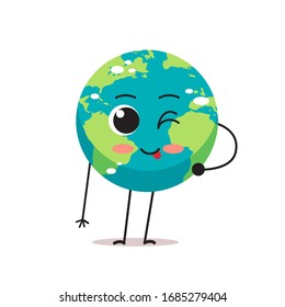 cute earth character blinking and showing tongue cartoon mascot globe personage with facial emotion save planet concept isolated vector illustration