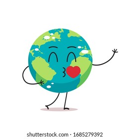cute earth character blows kiss cartoon mascot globe personage and heart showing facial emotion save planet concept isolated vector illustration