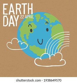 Cute Earth character with cloud and rainbow. Earth day or Save the earth concept poster. Vector illustration