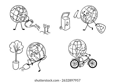 Cute earth character doing eco activities like recycling, planting trees, and riding a bicycle. Concept of environmental protection, sustainability, and ecological responsibility