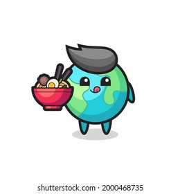 cute earth character eating noodles , cute style design for t shirt, sticker, logo element