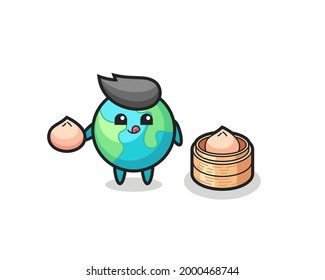 cute earth character eating steamed buns , cute style design for t shirt, sticker, logo element