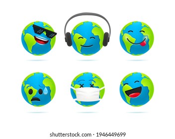 Cute Earth character emoticons vector set. 3d style funny Earth icons