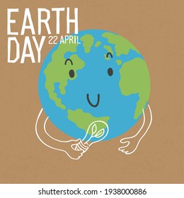 Cute Earth Character With Energy Saver Lamp In Hands. Save The Earth Concept Poster. Vector Illustration