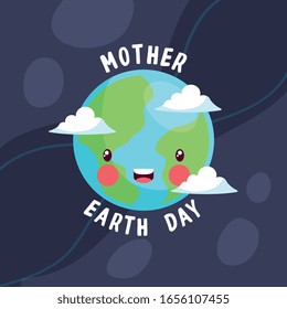 cute earth character with face between cloud in the night. mother earth day. vector illustration