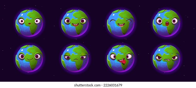 Cute Earth character, funny planet with different emotions. Emoji icons with blue and green planet happy, smile, laugh, sad, angry and shocked, vector cartoon illustration