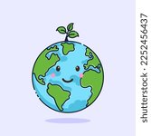 Cute Earth character. Green and blue planet. Save Earth day. Funny emoticon in flat style. Cartoon emoji vector illustration