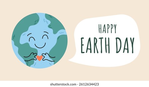 Cute Earth character with heart and Happy Earth Day message. Eco-friendly cartoon illustration.