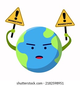 personaje de la tierra linda sujetando el signo de advertencia del virus global de la varicela