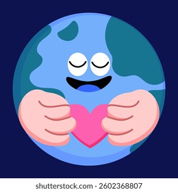 Cute Earth character hugging a heart with joyful expression, symbolizing love, peace, sustainability, and eco-friendly living for Earth Day and World Environment Day.