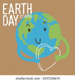 Cute Earth character image. Earth is celebrating with a heart in hands. Save the Earth concept. Vector illustration on cardboard.