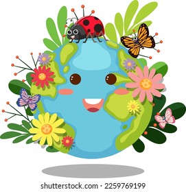 Cute earth character with insect and flower illustration