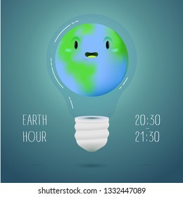 cute earth character inside of lamp on a gradient blue background for earth hour card or banner