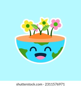 cute earth character with natural leaves. eco-friendly illustration concept. vector illustration design