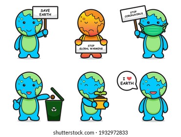 Cute earth character set with different activity cartoon vector icon illustration World earth day icon concept isolated vector. Flat cartoon style