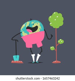Cute earth character with shovel plant a tree vector cartoon concept illustration isolated on background.