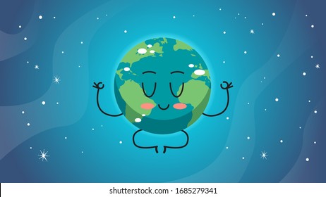 cute earth character sitting lotus pose cartoon mascot globe personage save planet meditation concept horizontal vector illustration