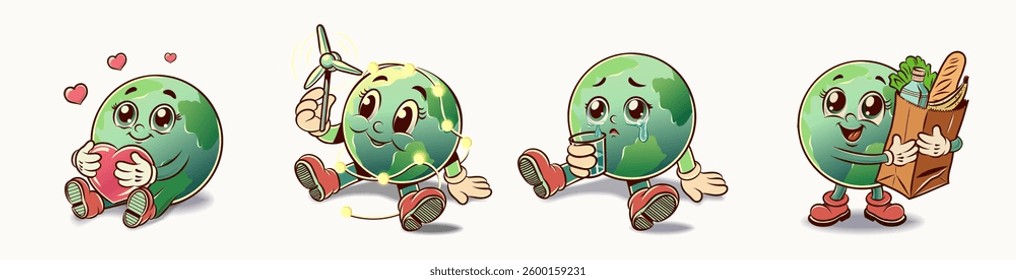 Cute Earth character vector illustration set with different emotions and eco-friendly themes. Sustainability, renewable energy, water conservation, and environmental care concept in cartoon style