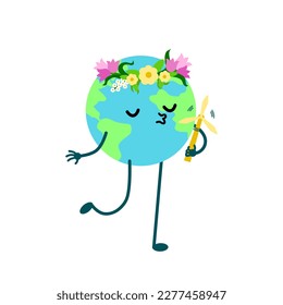 Cute earth character with windmill in hands. Beautiful flower wreath on planet. Protection earth sticker. Green energy. Smiling mascot