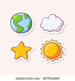 Cute Earth, Cloud, Star, Sun-Sticker-Illustrationssatz