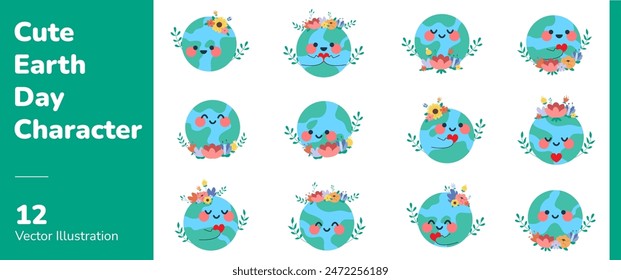 Cute Earth Day Character with Flowers and Plant