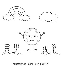 Cute Earth Day Coloring Page With Globe, Rainbow, Clouds, And Flowers In Editable Stroke