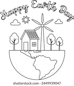 Cute earth day coloring page. Eco house, wind turbines, solar panels. Environment friendly home line concept with trees. 