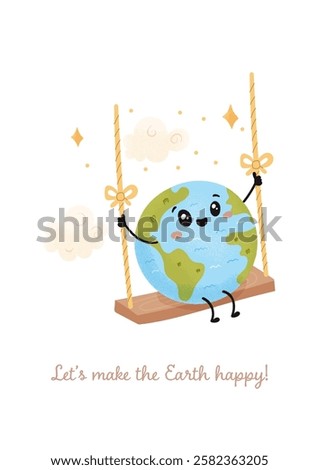 Cute earth day postcard, ecology. Planet on a swing. Vector illustration