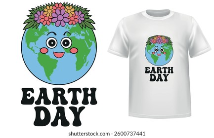 Cute Earth Day Smiling Planet with Flower Crown, Earth Day T Shirt Design, Eco Friendly T Shirt Design.
