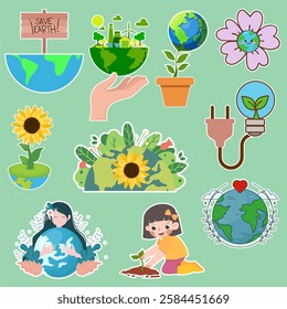 Cute Earth Day stickers concept vector illustration set. Nature protection, environmental protection. Save the environment, Mother Earth, Go Green.