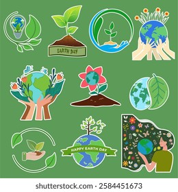 Cute Earth Day stickers concept vector illustration set. Nature protection, environmental protection. Save the environment, Mother Earth, Go Green.
