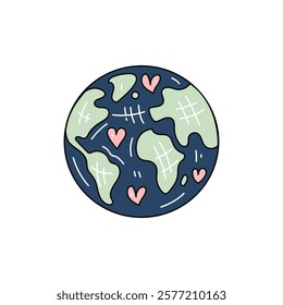 Cute earth doodle and flat illustration with hearts for eco and love themes

