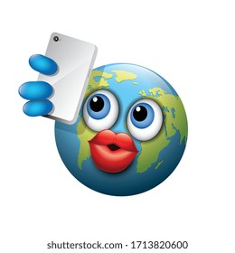 Cute Earth emoticon taking selfie with smartphone, emoji - vector illustration