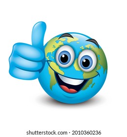 Cute Earth emoticon with thumb up, emoji - vector illustration