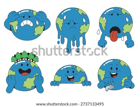 Cute Earth Emotion Set Cartoon Planet Expressions Flat Vector Illustration