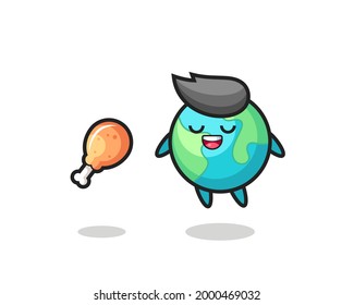 cute earth floating and tempted because of fried chicken , cute style design for t shirt, sticker, logo element