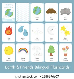 Cute earth and friends bilingual flashcard vector set. Printable flashcard for kids. English Indonesian language.