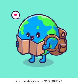 Ilustración del icono del vector de dibujos animados del mapa del mochilero Cute Earth Globe Backpacker Holding Map. Vector Premium Aislado De Concepto De Icono De Viaje De La Naturaleza. Estilo de dibujo plano