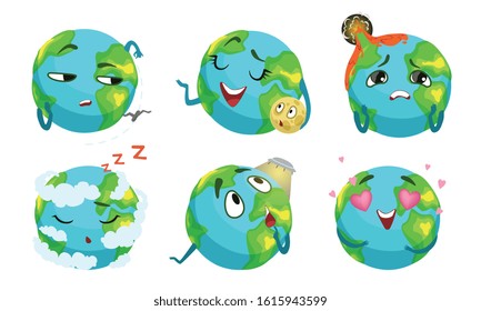 Cute Earth Globe Cartoon Character Collection, Funny Planet in Different Situations Vector Illustration