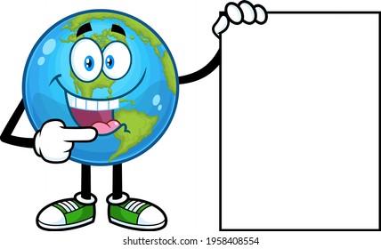 Cute Earth Globe Cartoon Character Pointing To A Blank Sign. Vector Hand Drawn Illustration Isolated On Transparent Background