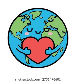 Cute Earth globe character holding a big red heart, love for the planet concept, vector illustration.