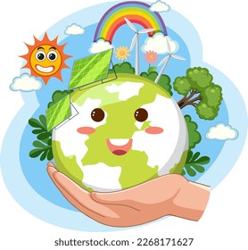 Cute earth globe with solar panel and wind turbine illustration