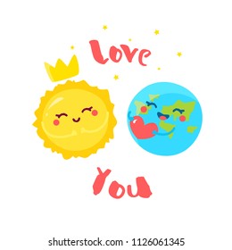 Cute Earth with heart and cartoon Sun on white background. Flat style. Vector illustration.