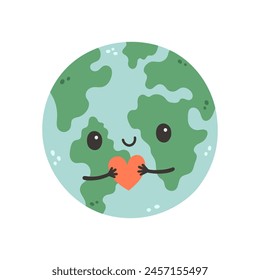 Cute Earth with heart in hands. Cartoon planet Earth globe for card, banner, poster, sticker. Earth day background.