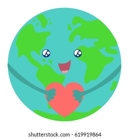 Cute Earth holding heart in its hands. Happy Earth Day. Vector cartoon card.