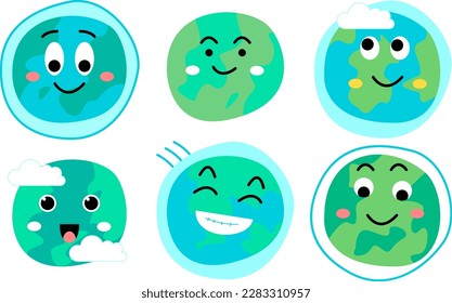 Cute Earth illustration Set. Hand-drawn vector doodle with different funny earth faces. Save the planet stickers in trendy retro cartoon style. Sticker pack for Earth or World Environment Day.