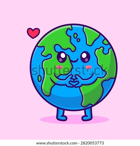 Cute Earth With Love Sign Hand Cartoon Vector Icon Illustration. Science Nature Icon Concept Isolated Premium Vector. Flat Cartoon Style