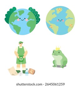 Cute earth and man holding trash can and frog prince celebrating Earth day and environment day vector editable design illustration