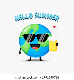 Cute earth mascot brings beer with summer greetings